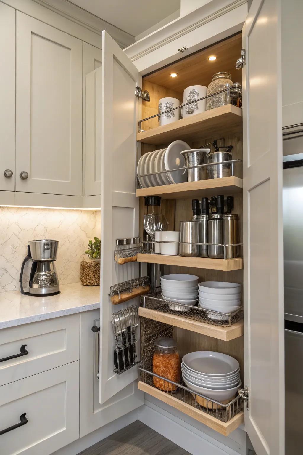 Downward shelving provides a practical approach within corner cabinets.