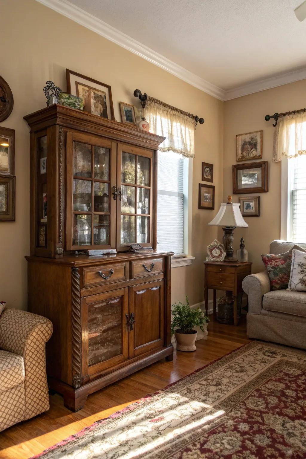 An antique cabinet offers stylish storage and hides modern tech.
