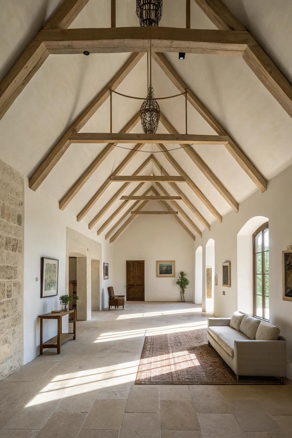 Minimalist refinement with concealed beams on a vaulted ceiling.