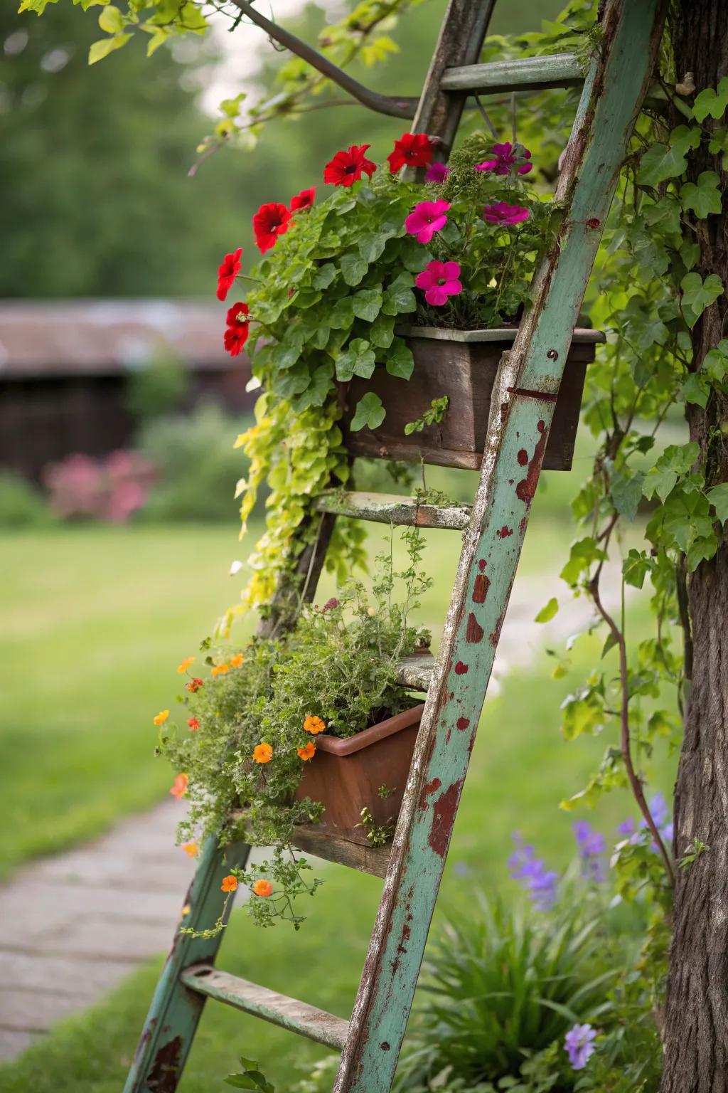 A ladder repurposes as a charming tiered display of plants.