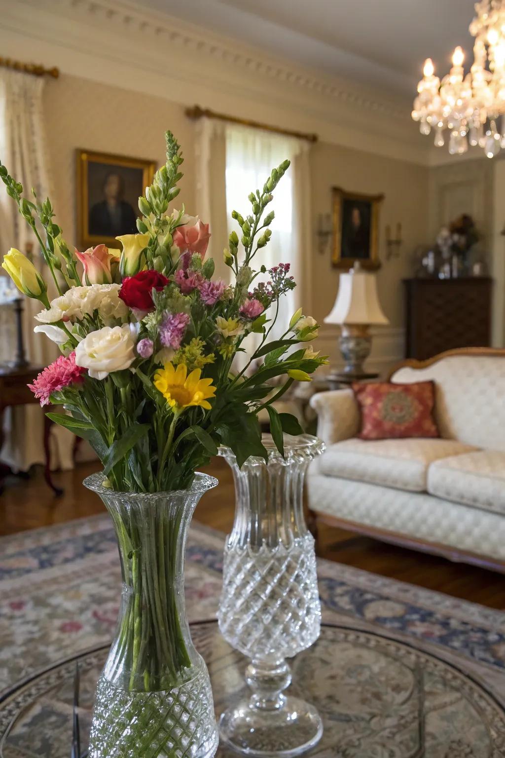 Crystal vases with fresh flowers add elegance and natural beauty.