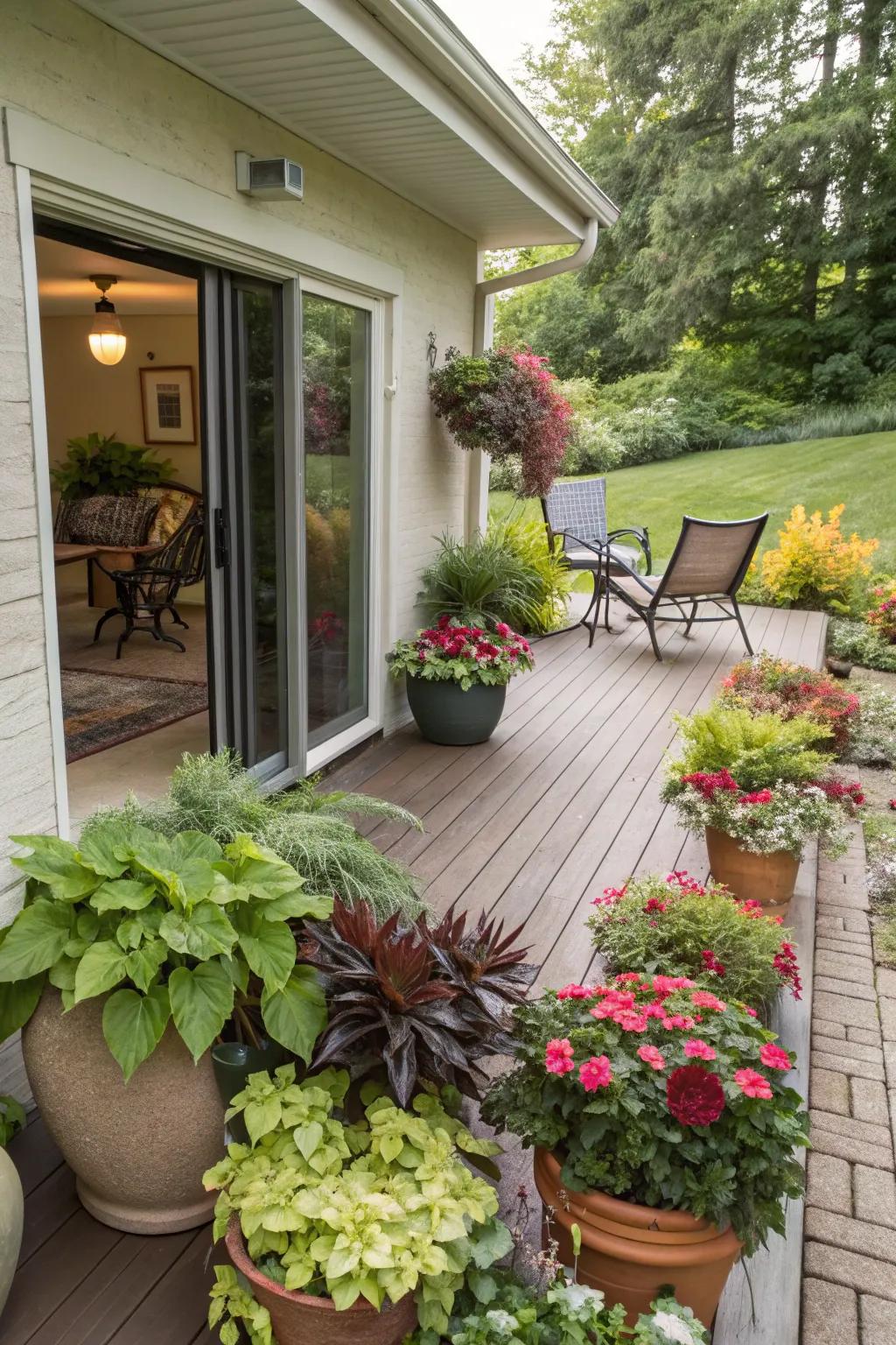 A vibrant container garden on a walkout basement patio.