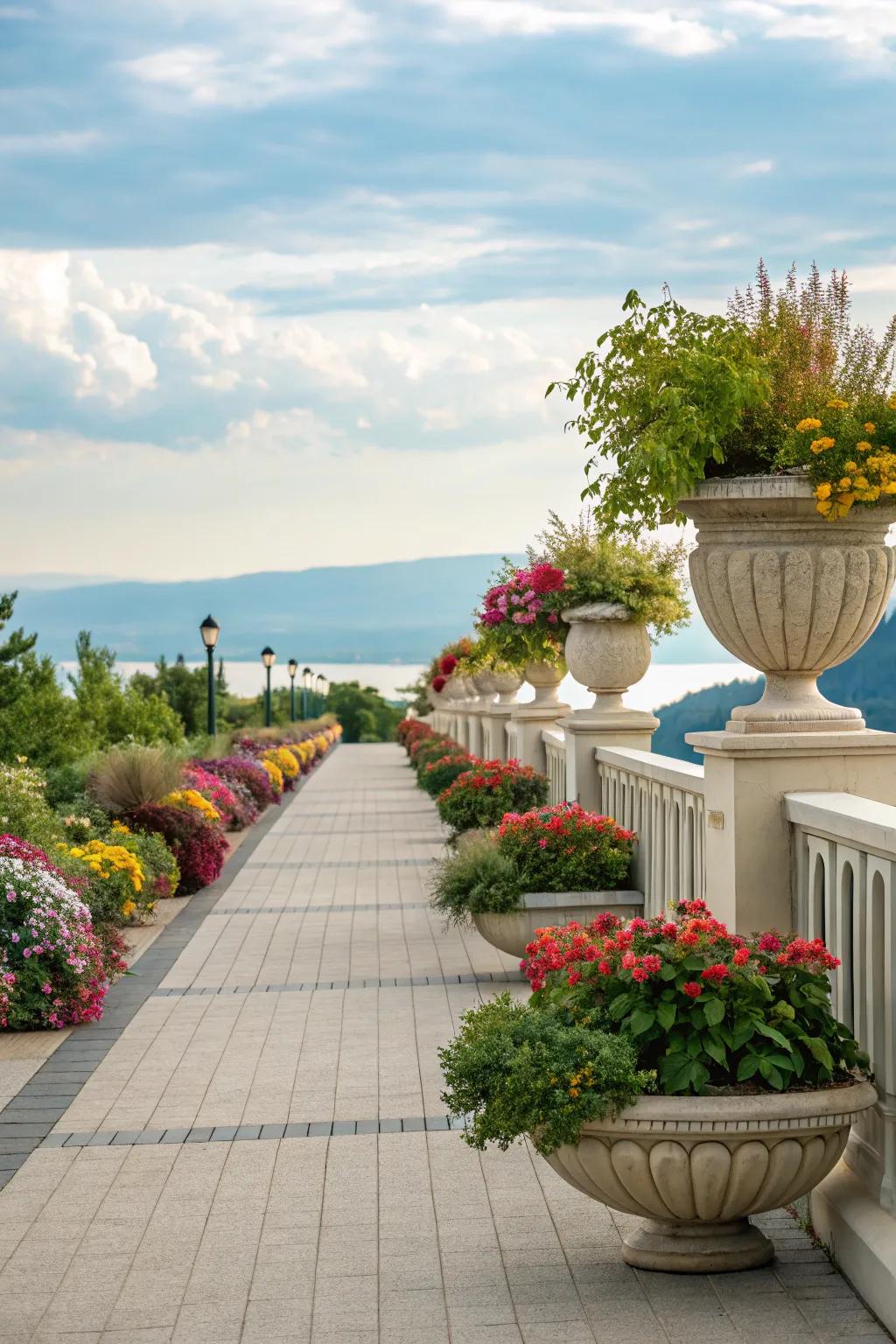 A vibrant walkway enhanced by colorful planters, adding charm and appeal.