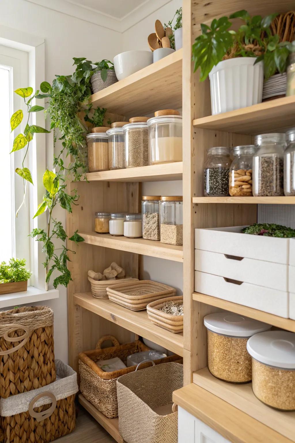 Eco-conscious materials adding a sustainable touch to the pantry.