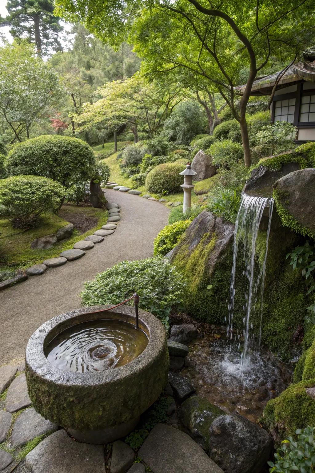An elegant Japanese-inspired garden showcasing a stone basin cascade.