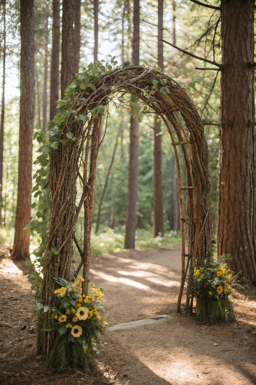 A textured twig arch that blends perfectly with natural surroundings.