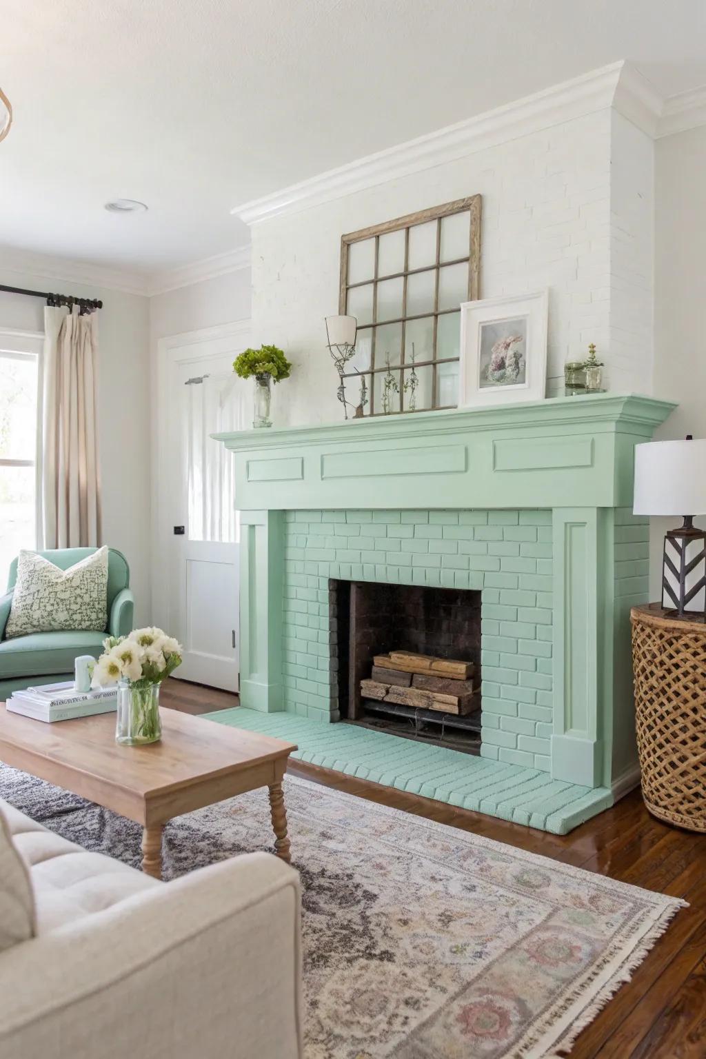 A mint green fireplace brings a fresh and invigorating touch to this room.