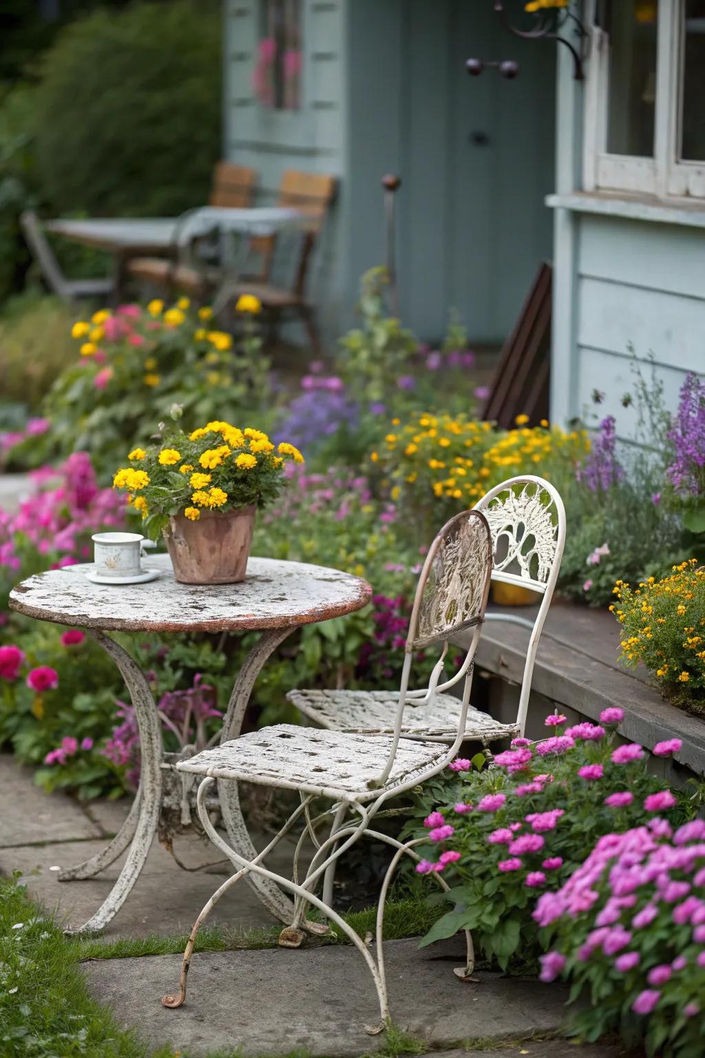 Retro furnishings integrate character and charm into garden expanses.