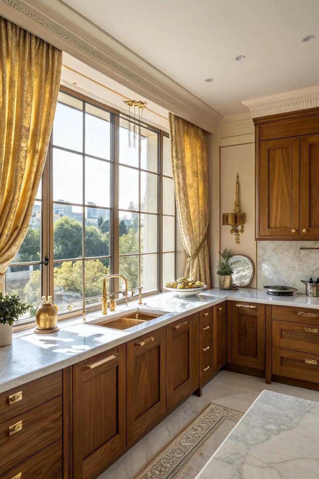 Gold accented window treatments beautifully frame your kitchen space.