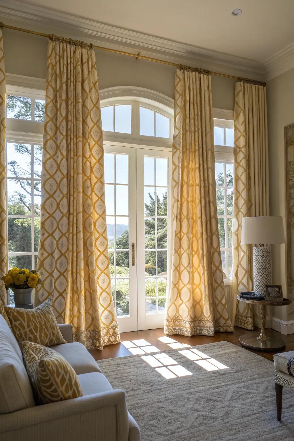 Patterned drapes in gold and white add color and texture.