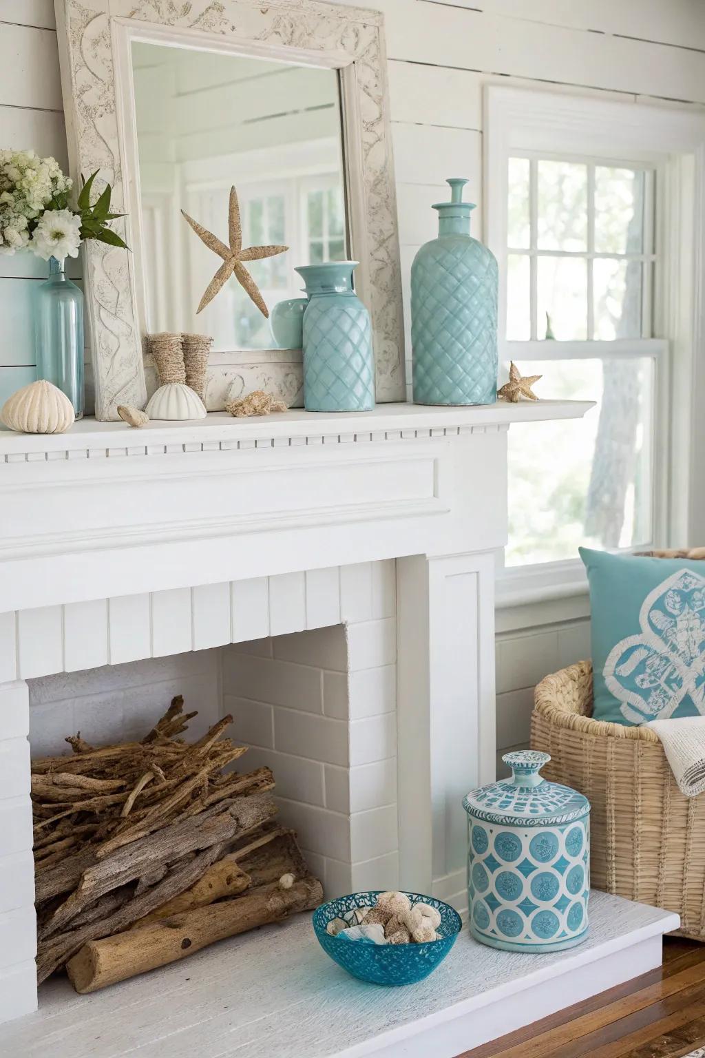 Coastal decor brings a serene and calming feel to a white firebox.