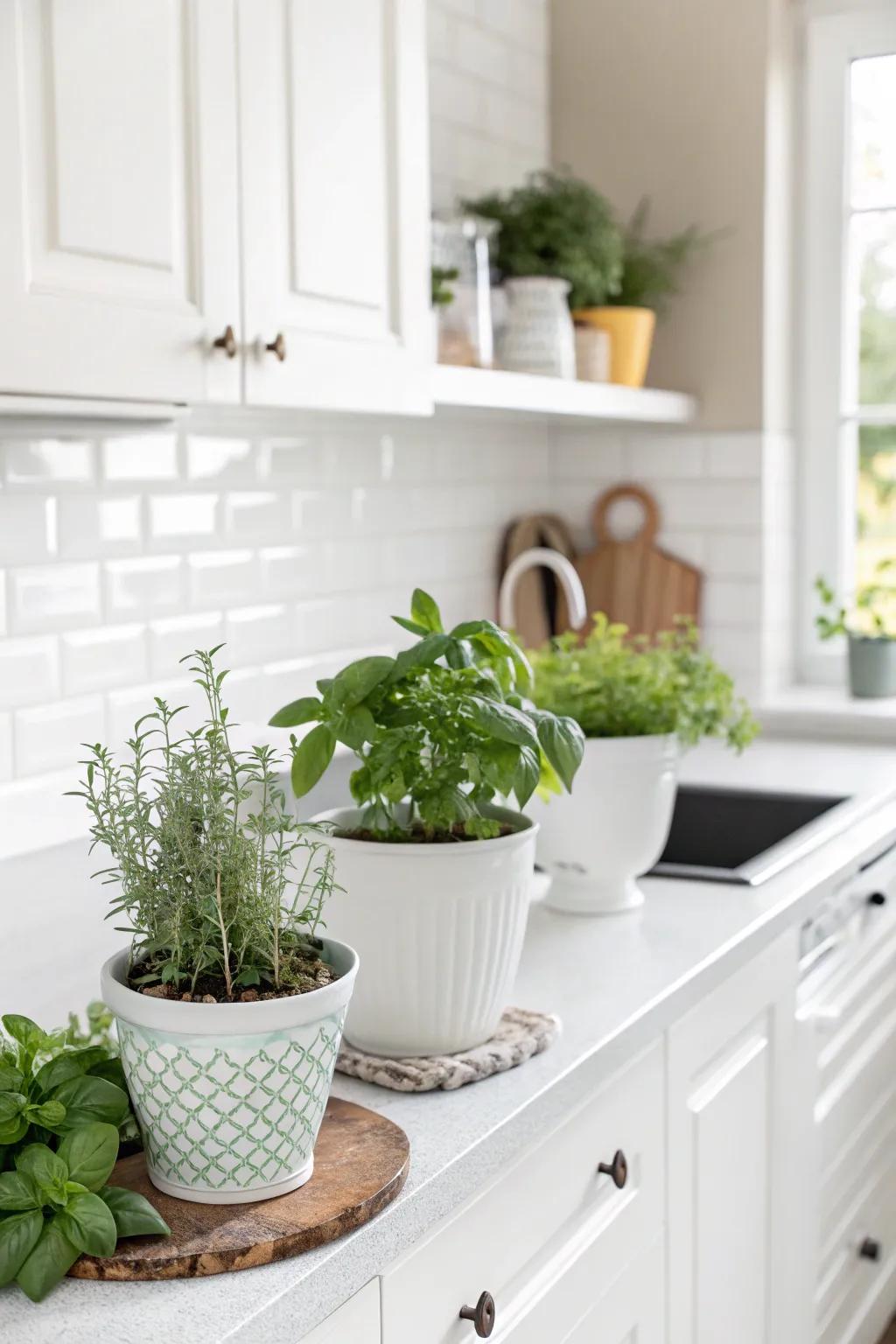 Greenery adds a fresh and lively nuance to the white kitchen.