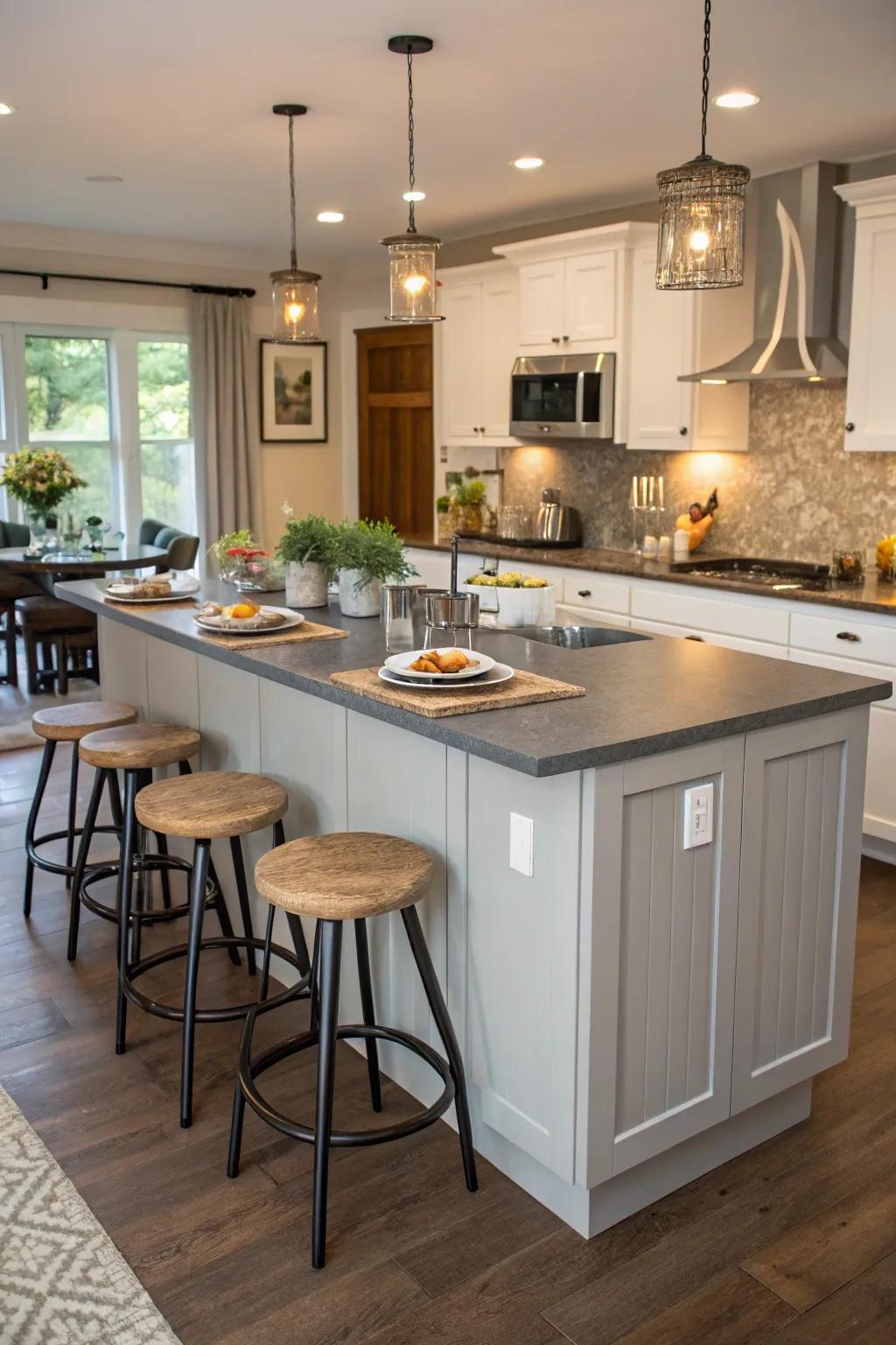 An island with seating enhances social interaction.