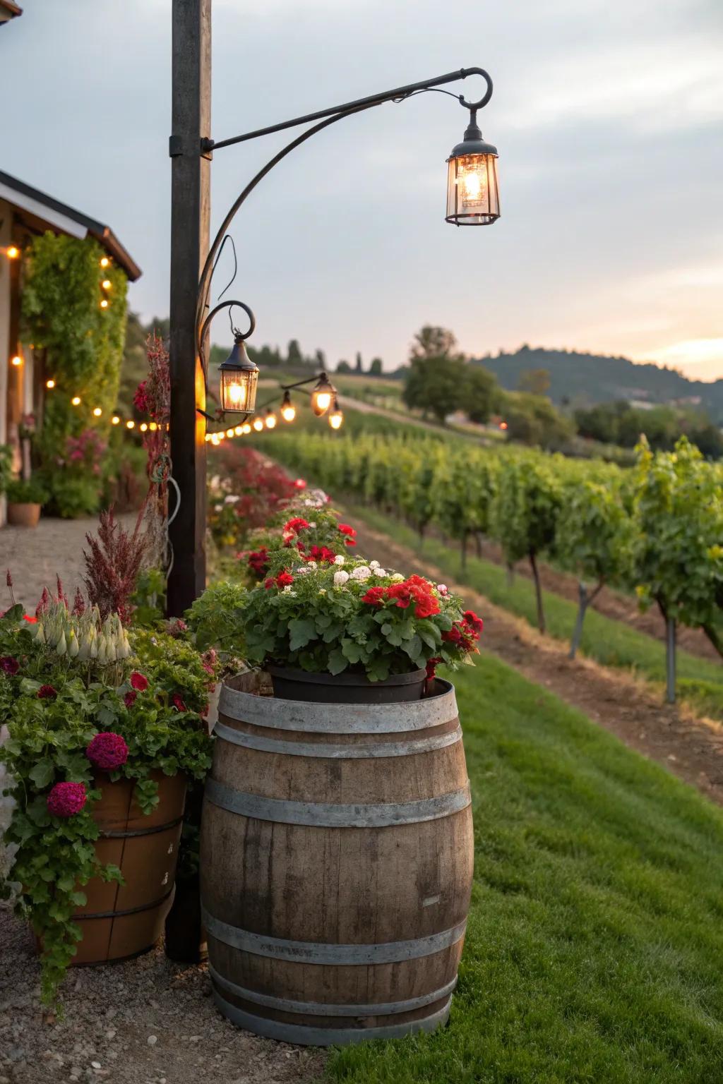 A vertical garden feature with hanging planters and lights.