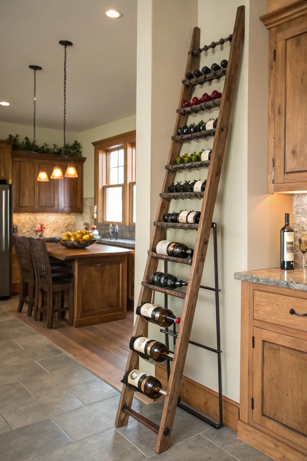 A ladder display introduces height and drama to wine storage.