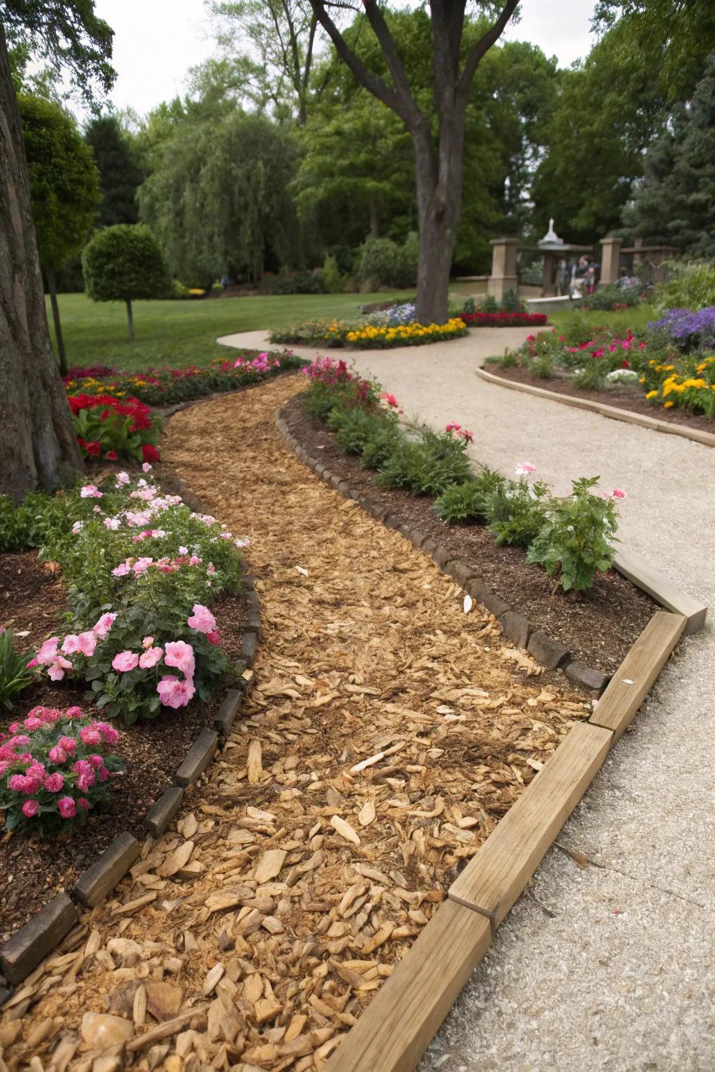 Wood chips offer a low-maintenance alternative to traditional lawns.