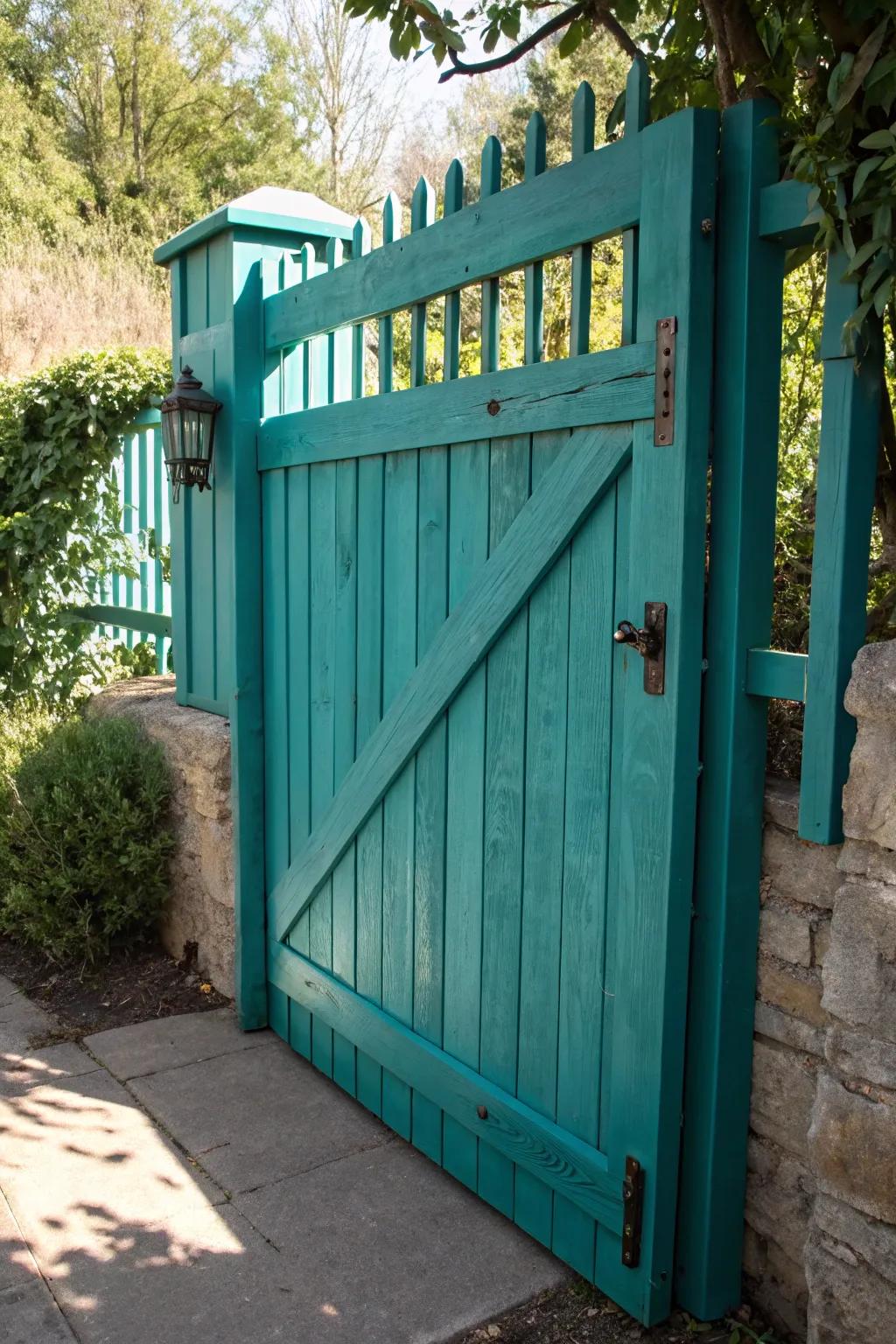 Transform your entrance with a bold teal gate that speaks volumes about craftsmanship and style.