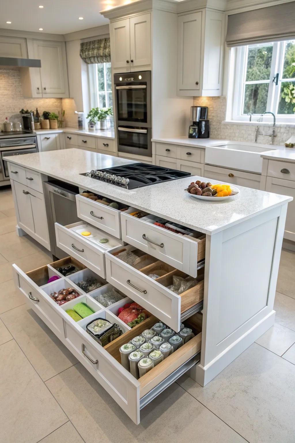 An island with hidden storage offers both style and practicality.