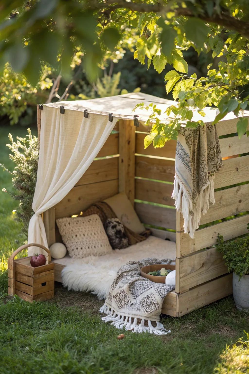 Create a serene retreat for your furry friends with a minimalist wooden crate sanctuary. 🌿🐾 #GardenOasis #PetSanctuary