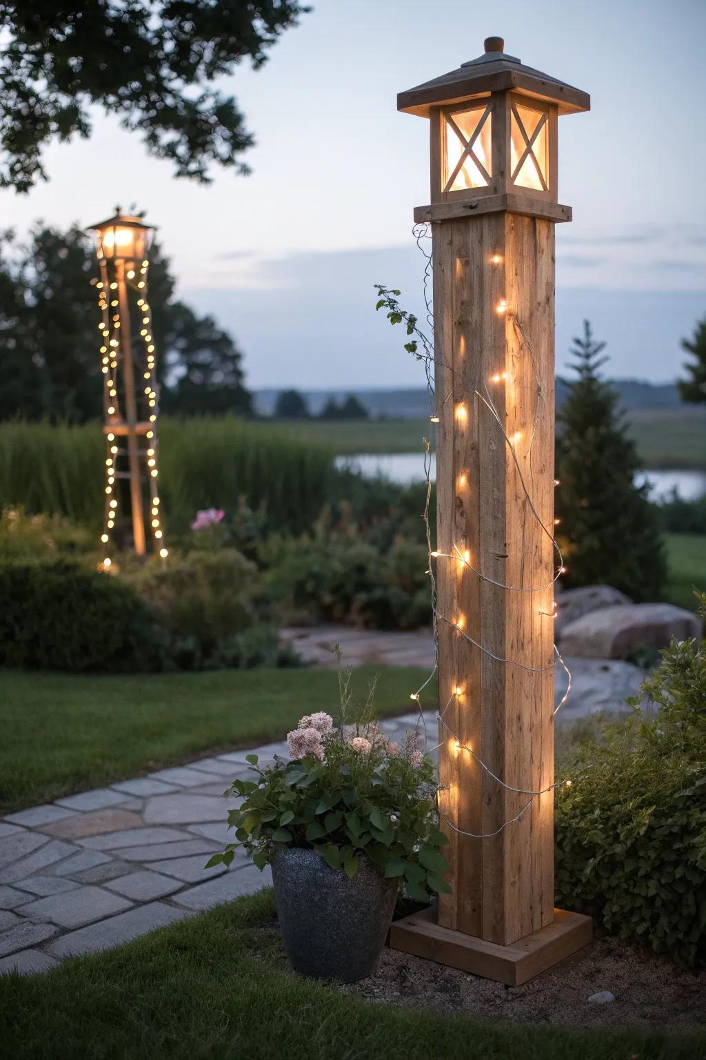 Illuminate your garden with the enchanting glow of wooden light posts wrapped in fairy lights.