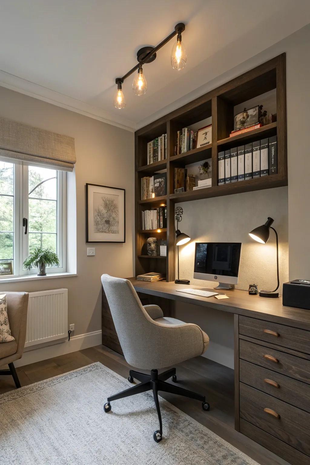 Wall-mounted lighting enhances ambiance and space efficiency.