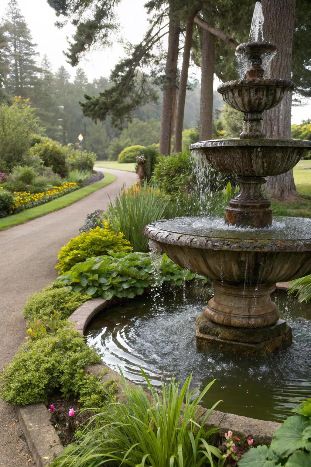 A tiered bowl fountain adding elegance and playful water sounds to the garden.