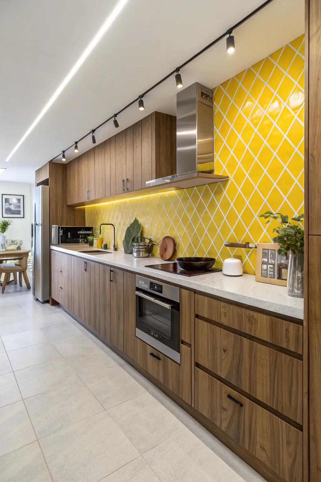 A diagonal layout of yellow tiles adds a modern twist to this kitchen.