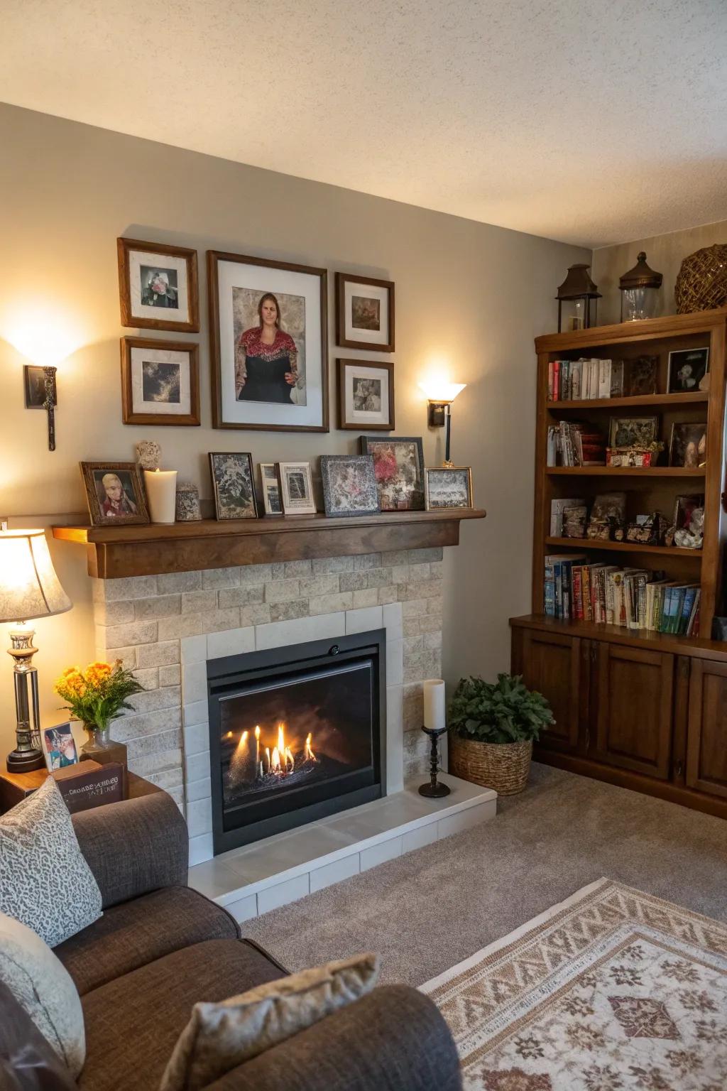Personal mementos make the fireplace more unique and memorable.
