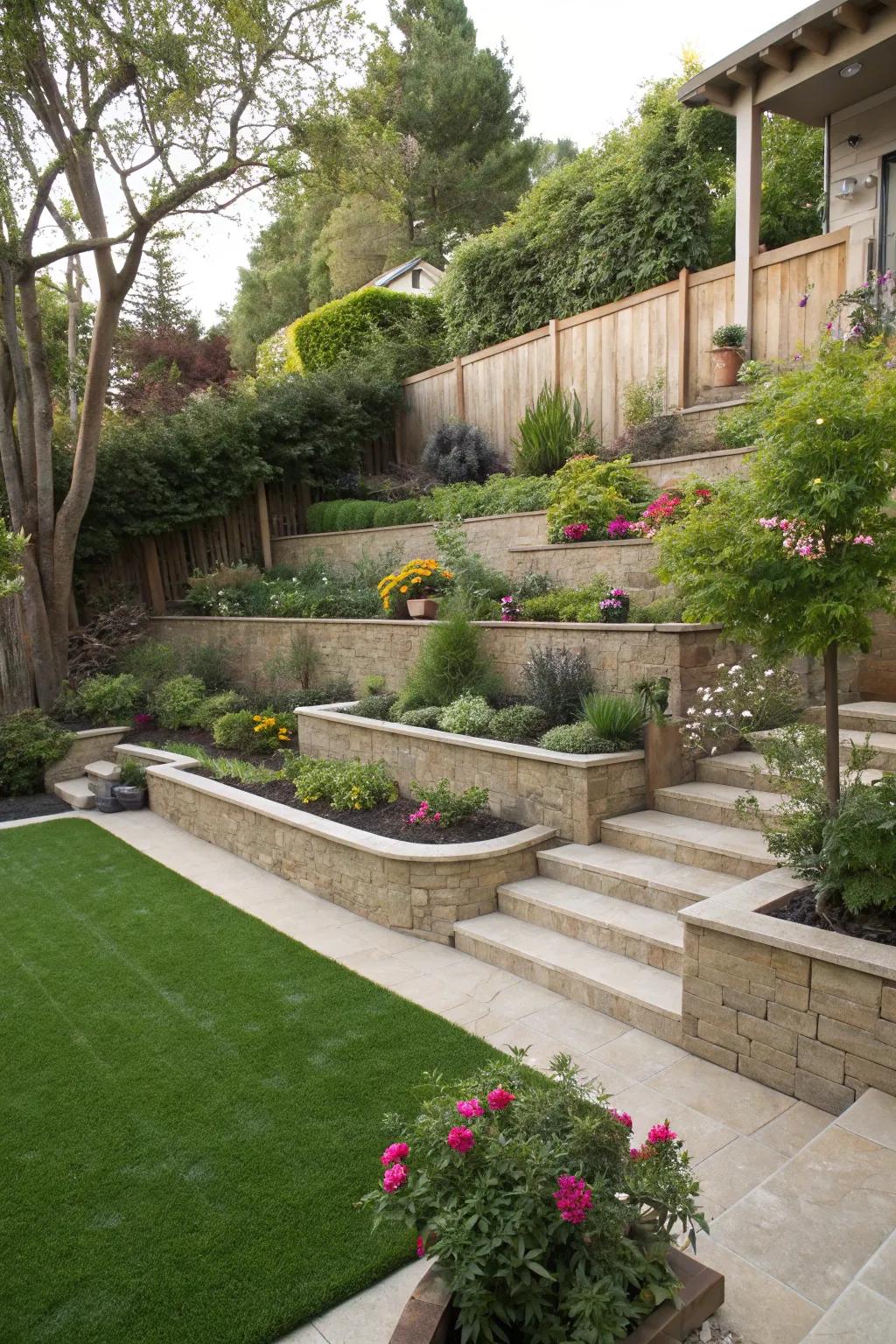 A dynamic multi-level garden with lush artificial grass.