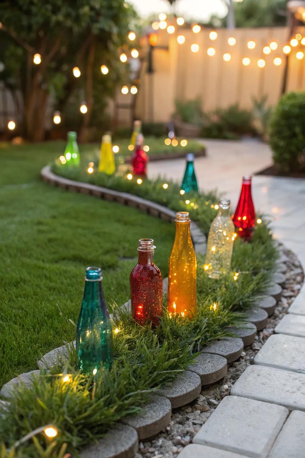 Glass bottles add a colorful sparkle to edges.