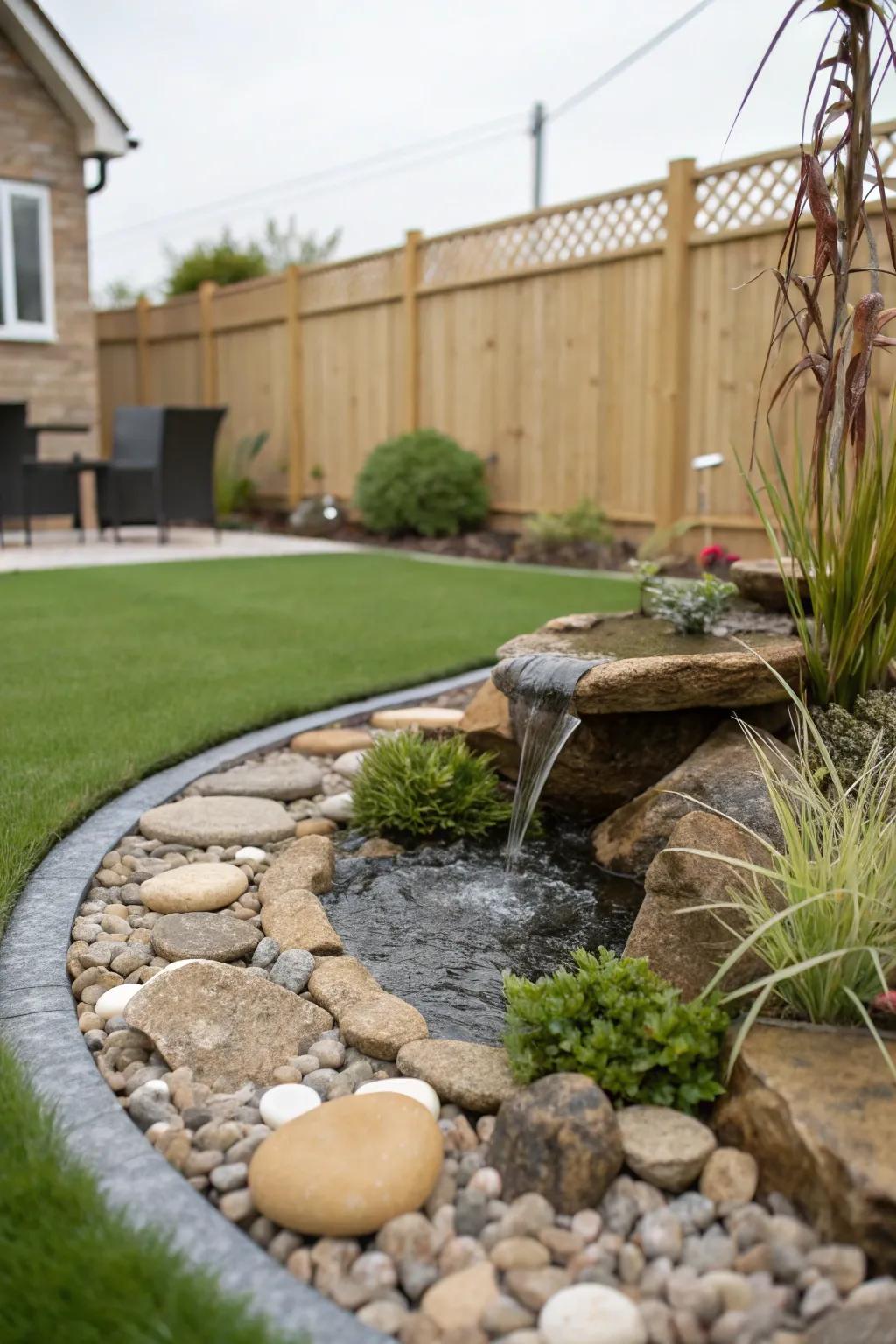 A tranquil water feature enhances the charm of artificial turf.