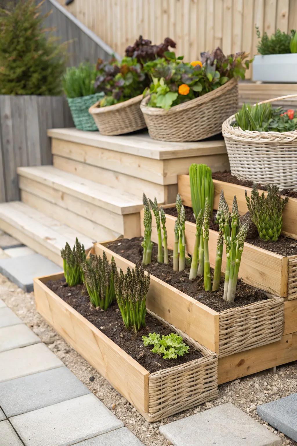 Elevate your garden with layered levels of lush asparagus, blending minimalist charm with boho elegance.