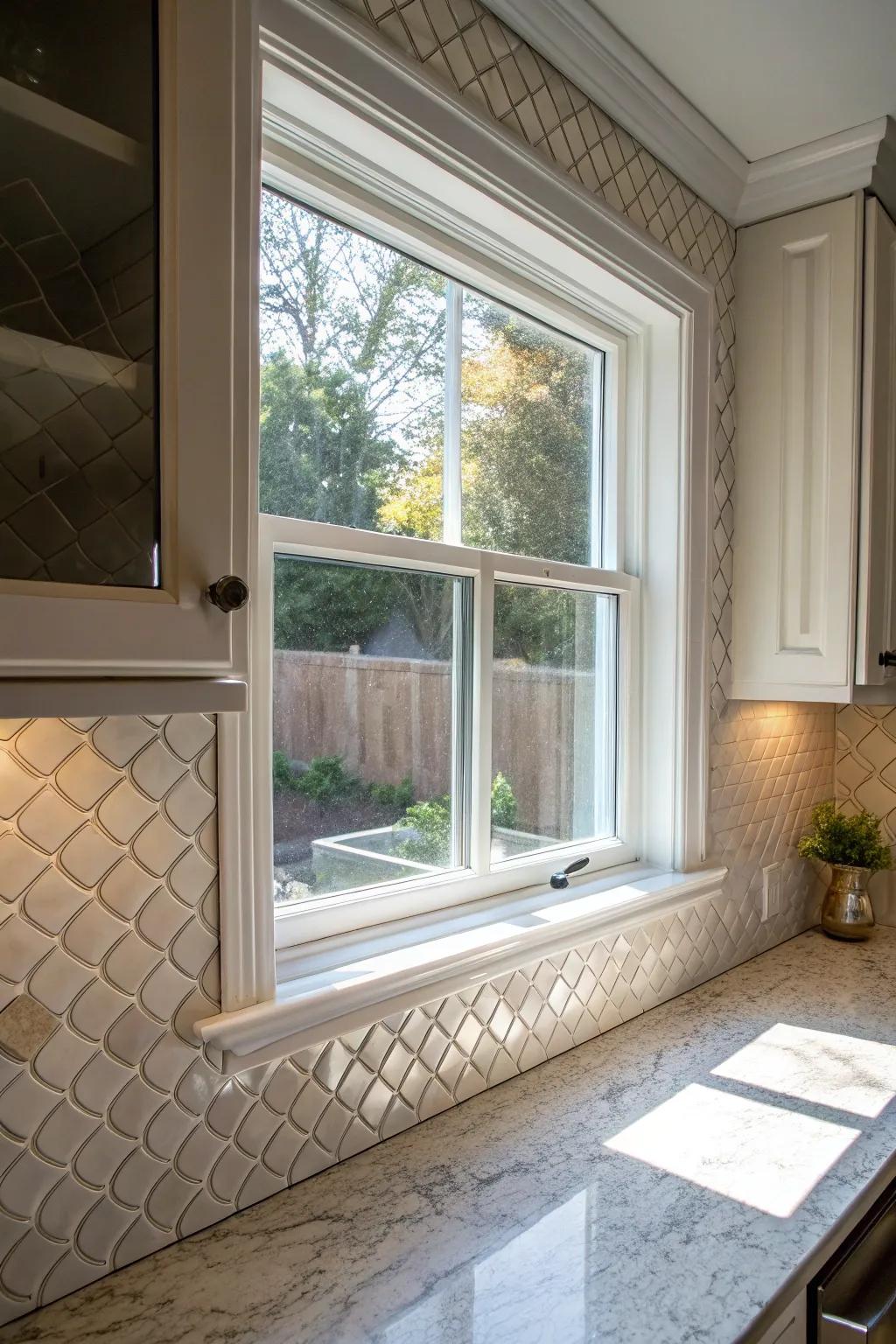 Raised tiles creating a tactile experience around a kitchen window.