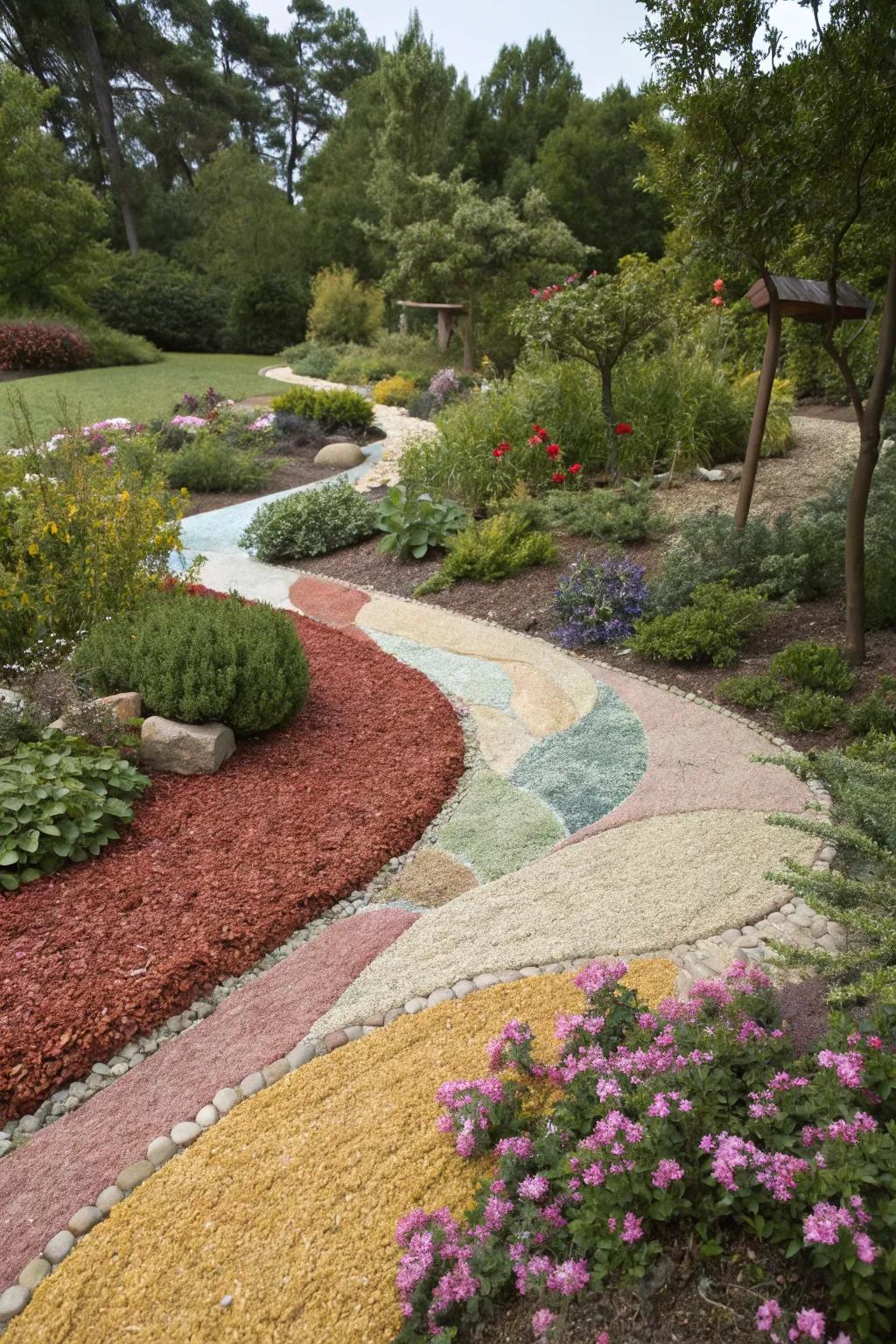 Use different colors of finely crushed rock to create visual interest and focal points in your garden.