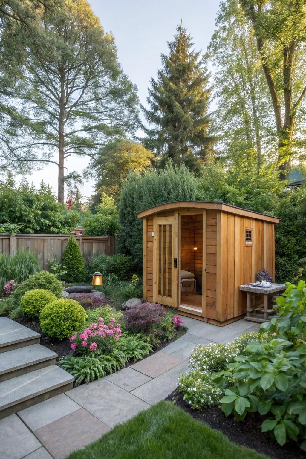 A backyard therapy cabin provides a luxurious retreat for unwinding and rejuvenation.