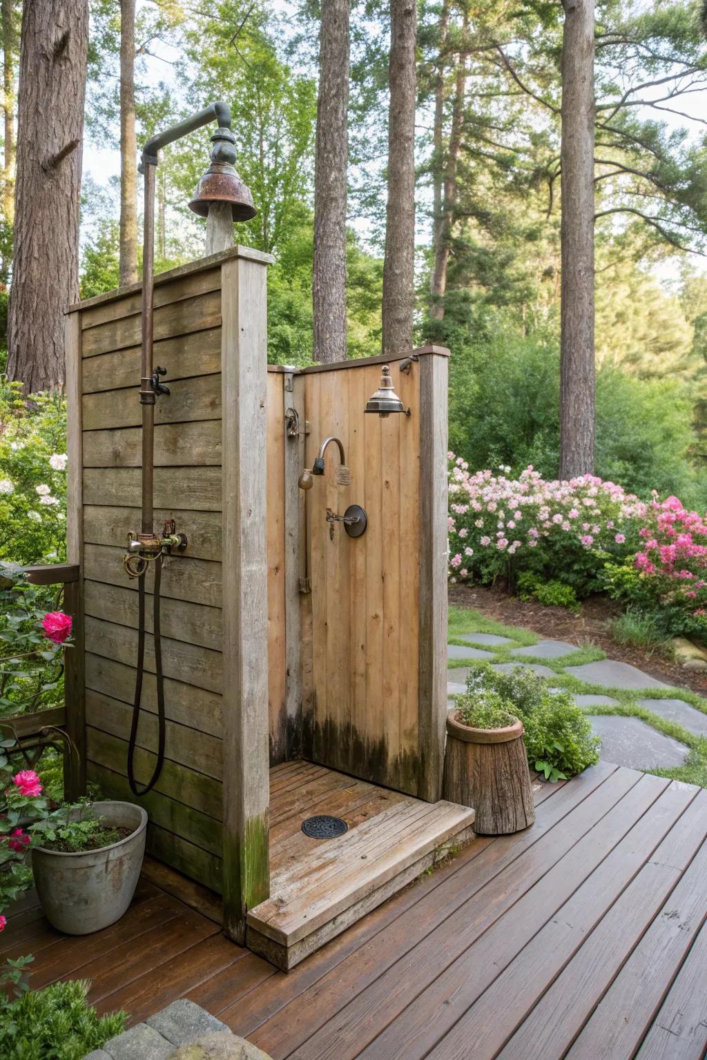 A blend of country and classic styles in an outdoor shower.