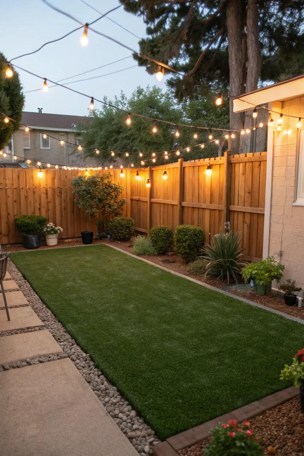A artificial lawn area glowing with decorative lights.