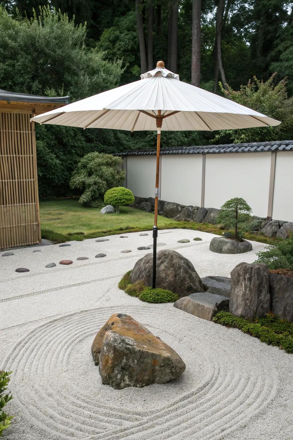 A Zen garden with a minimalist sunshade.