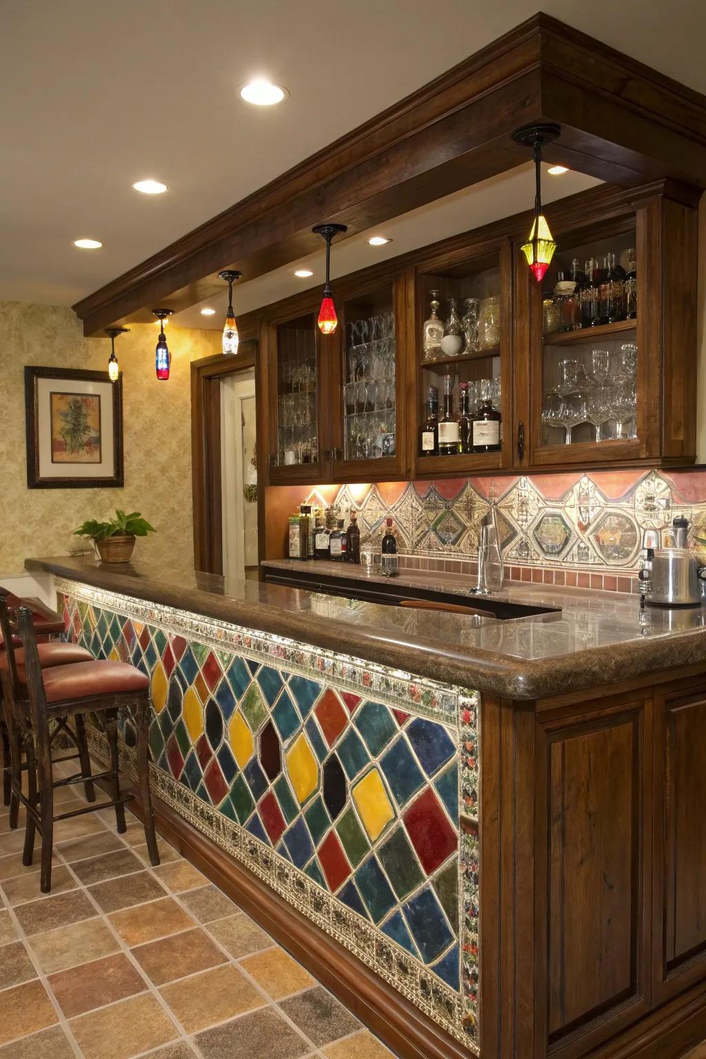 A home bar with a tile backsplash featuring dyed fill details.