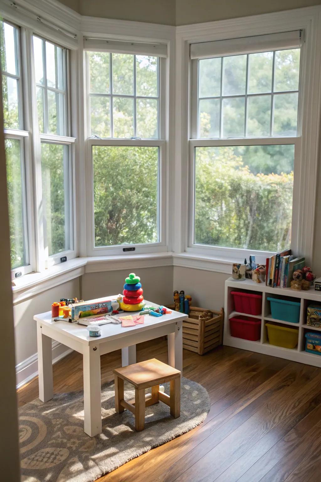 An interactive play center in the bay window ensures children are entertained and engaged.