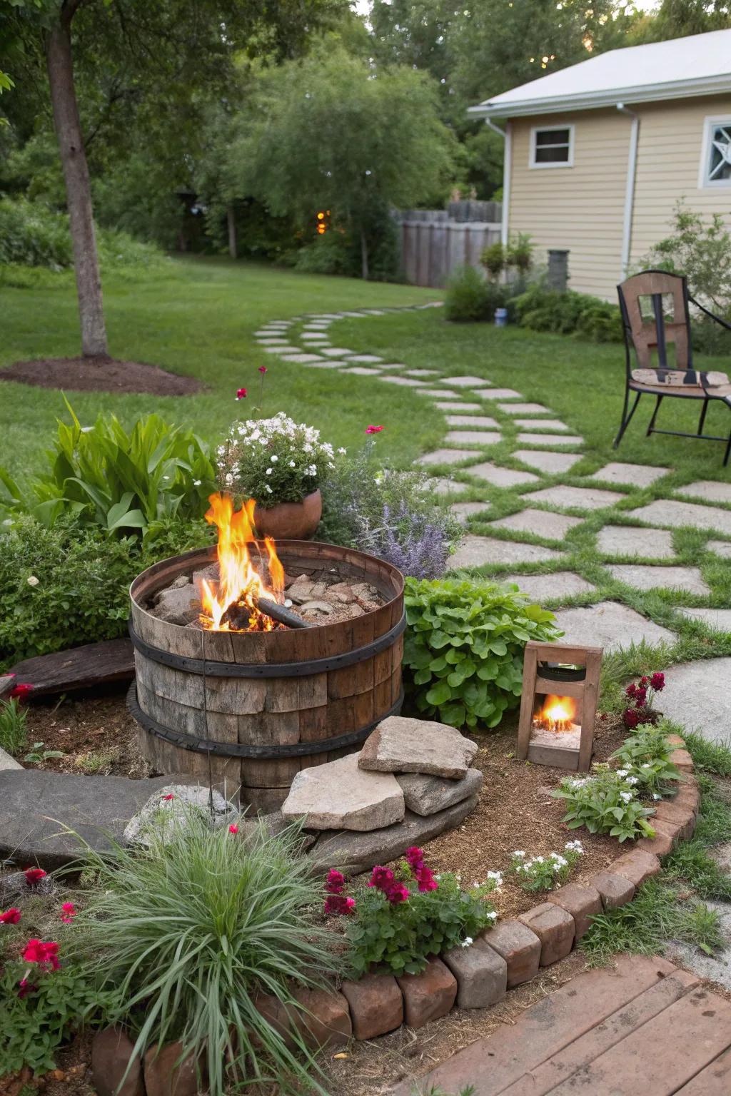 Eco-conscious DIY fire pit crafted from repurposed materials.