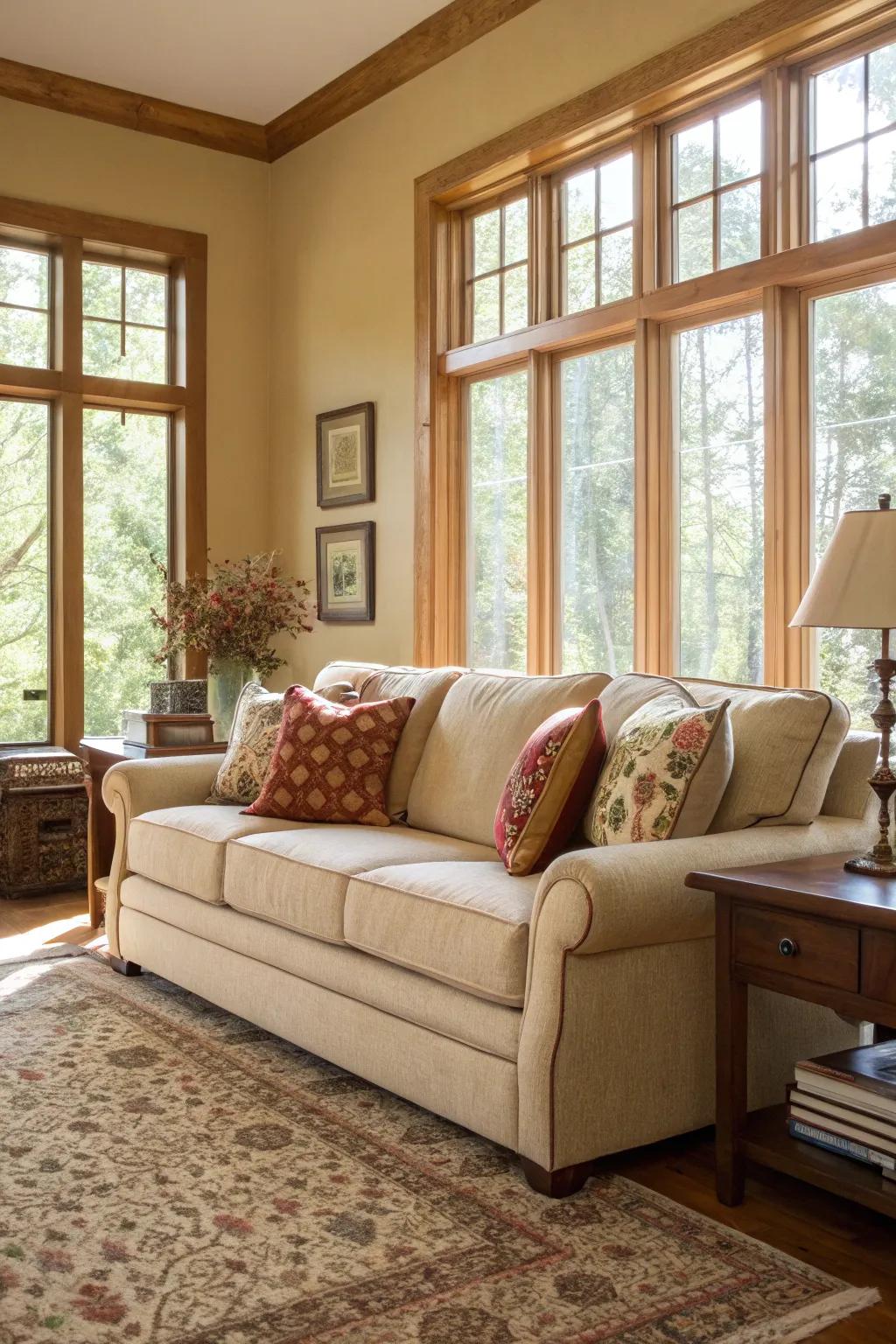 Natural light fills a welcoming living space with a wheat-toned sofa.