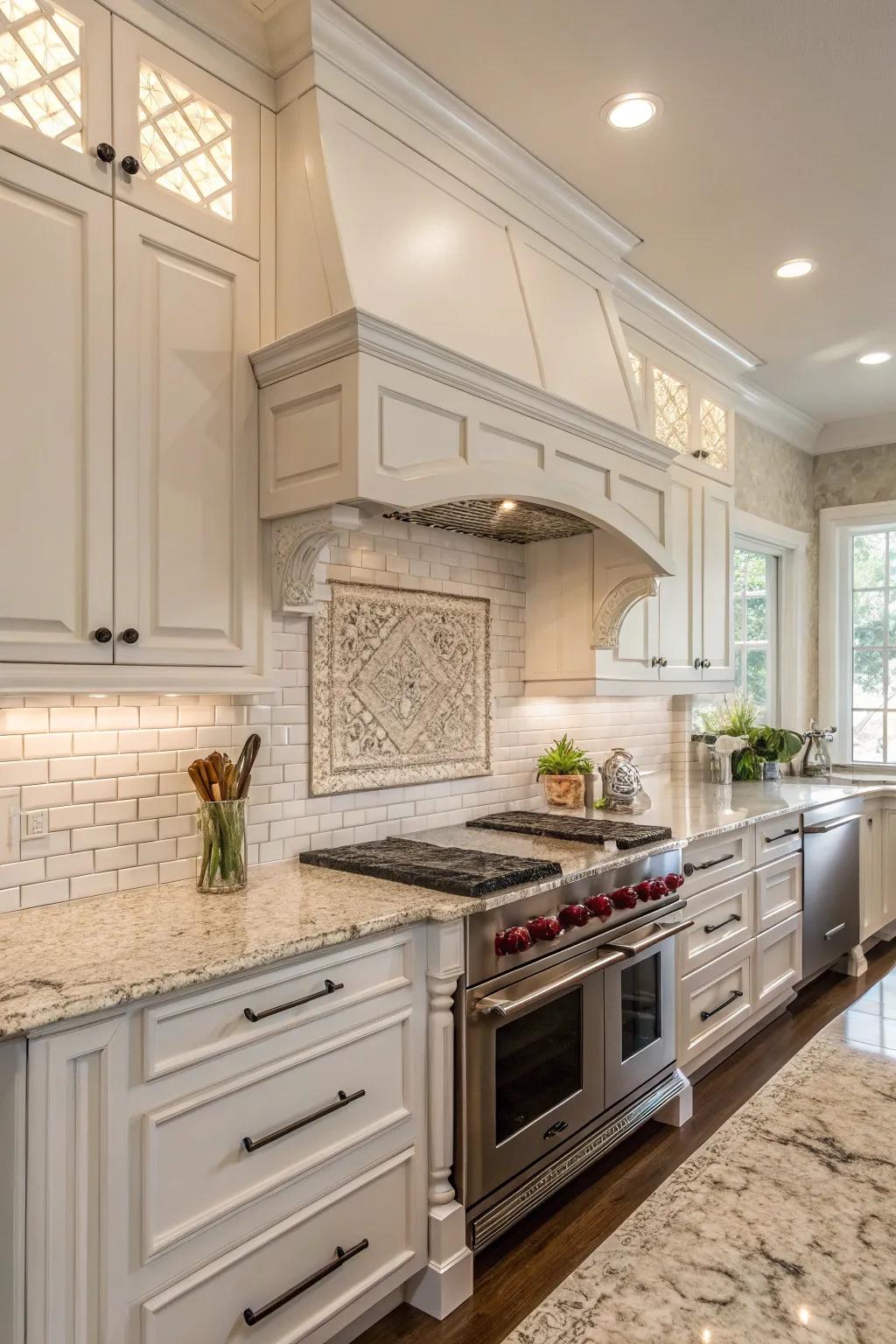 Timeless kitchen with Bianco Antico granite and subway tiles.