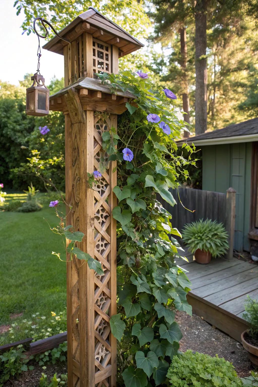 Elevate your garden's charm with a trellis pole that blends nature and craftsmanship.
