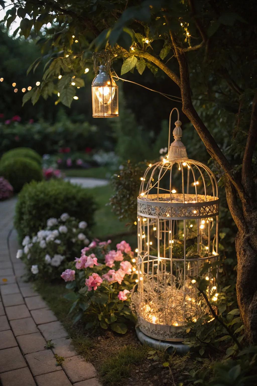 A birdcage wrapped in fairy lights creates a magical glow in any garden.
