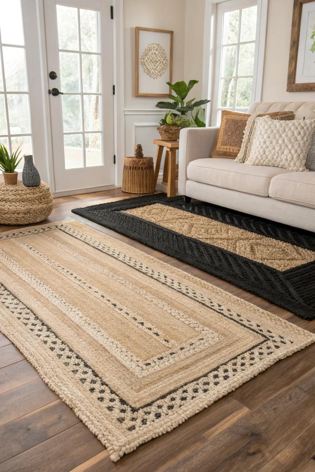 Layered rugs enhance comfort and style in this living room.