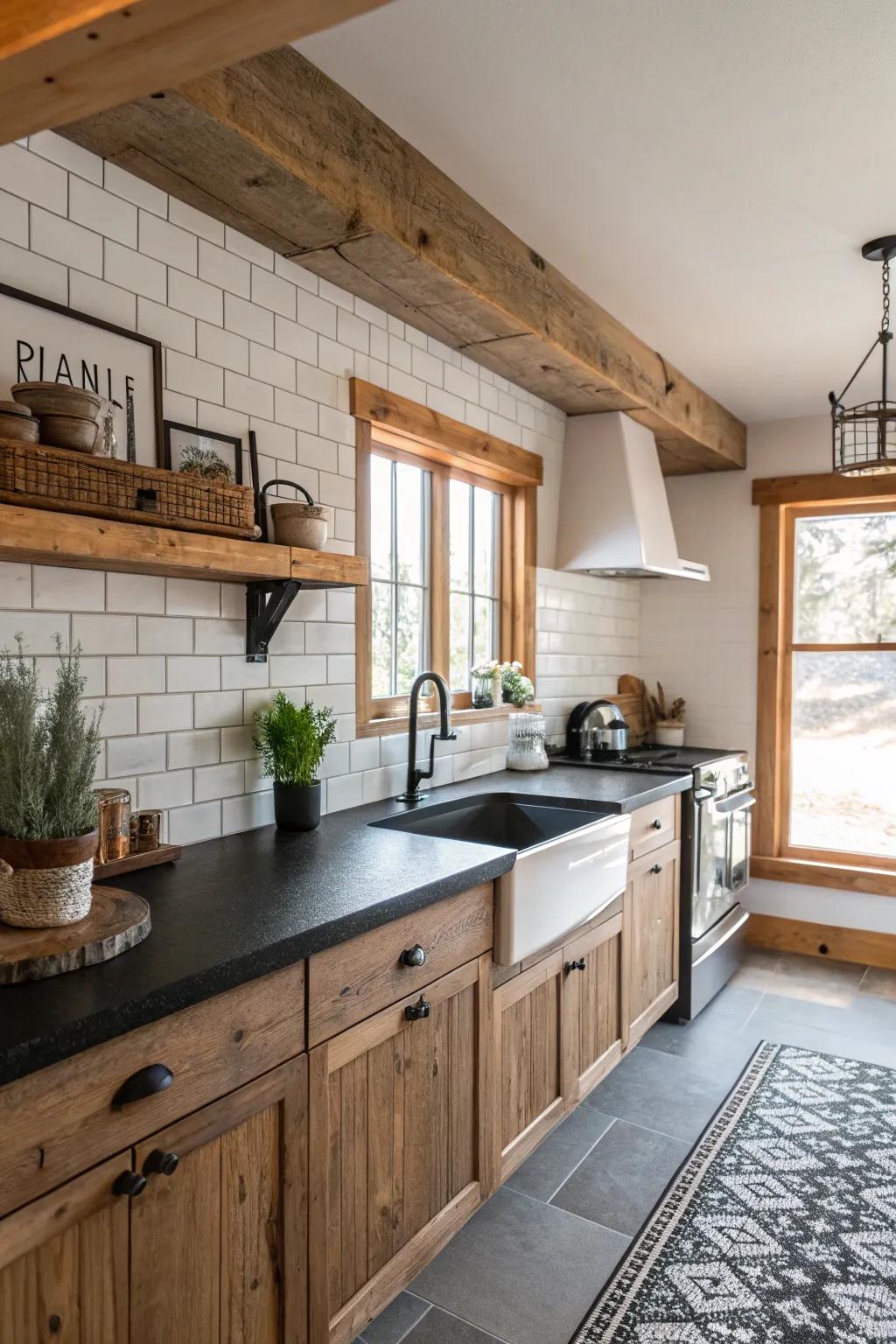 Modern farmhouse appeal with ebony countertops.