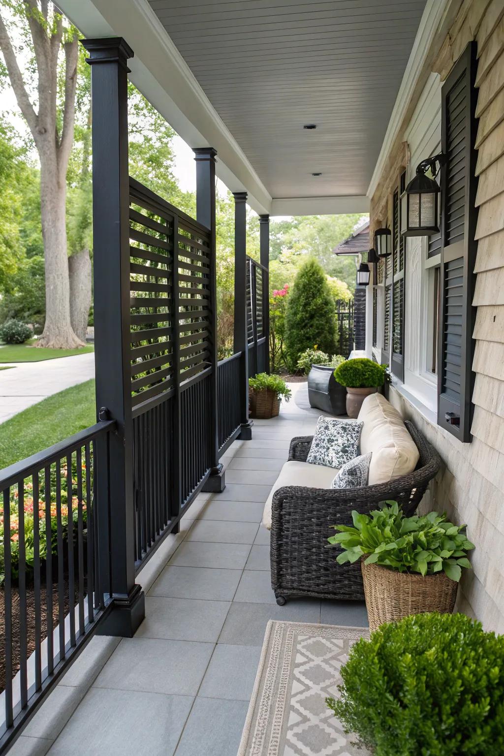 Privacy screens integrate seamlessly with stylish porch railings.
