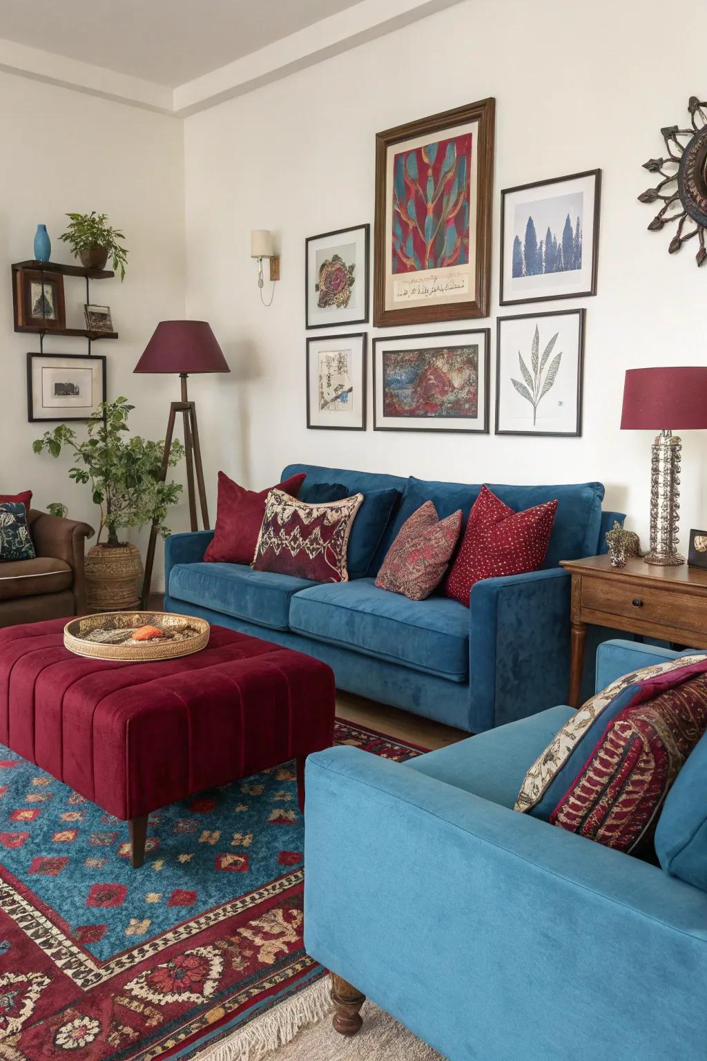 Surprising bursts of cerulean and wine injecting personality and vibrancy.