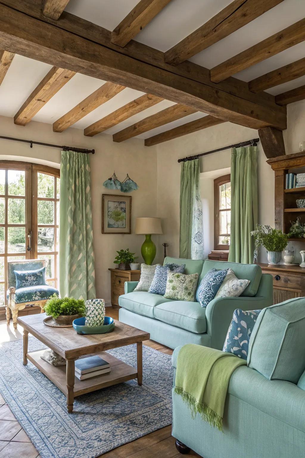 Rustic features meet sophistication in verdant and azure.